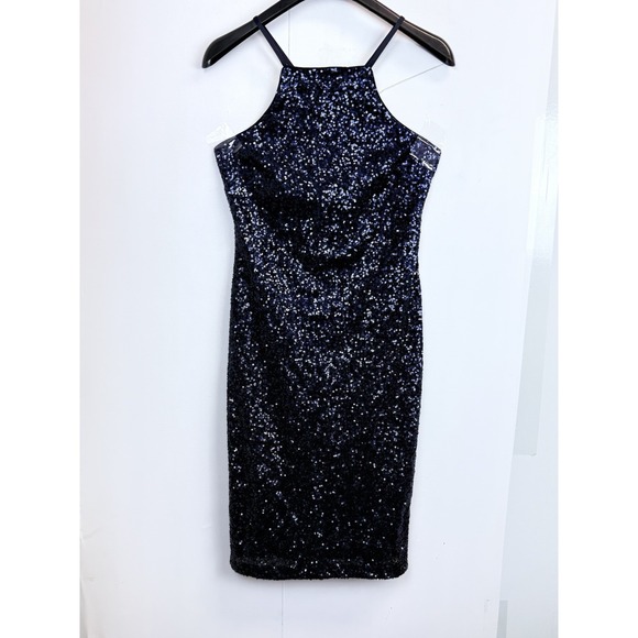 Vintage Y2K Women's Sequin Halter Dress Size M/8 Navy Blue Midi Under The Knee - Picture 3 of 10